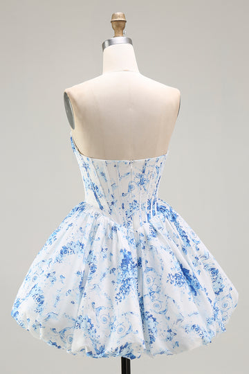 Strapless White Blue Flower A-Line Printed Homecoming Dress with Beading